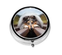 Rough Collie Bokeh Ferrocarril Perros Mascotas Áspero, Pastillero, Pastillero redondo Pequeño contenedor de pastillas Organizador de pastillas de viaje
