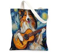 Rough Collie - Bolsa de lona para compras, 13 x 15 pulgadas, diseño de guitarra nocturna de estrellas, reutilizable, bolsa de hombro para mujeres, decoración de regalo para mascotas