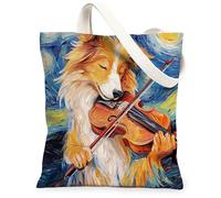 Rough Collie - Bolsa de lona para compras de 13 x 15 pulgadas, bolsa de hombro reutilizable con diseño de estrellas y violín nocturno para mujeres, decoración de regalo para mascotas