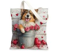 Rough Collie Dog - Bolsa de lona para compras, 13 x 15 pulgadas, diseño de rosas de madera para el día de San Valentín, bolsa de comestibles reutilizable para mujeres, trabajo, viajes, pintura