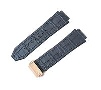 ROUHO 26 x 19mm Impermeable Forrada Piel Genuina Correa de Reloj Reemplazo Goma Banda Reloj para Hublot Big Bang-Azul Oscuro con Oro Rosa Hebilla Desplegable