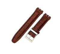 ROUHO Correa de Reloj Ajustable de Cuero, Accesorios Banda Cuero Genuino para Swatch YCS YAS YGS-Marrón + Plata Hebilla 19mm