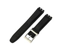 ROUHO Correa de Reloj Cuero Genuino, Pulsera de Repuesto Hebilla Pasador Mujer para Swatch YCS YAS YGS-Negro + Plata Hebilla