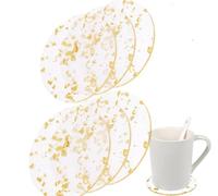Round Clear Acrylic Bar Coaster Gold Foil Modern Cup Drink Mat Plate Creative Rug Mug Pad for Table Countertop Desk Cold Hot Drink Coffee Tea Kitchen Home Decor (6PCS)