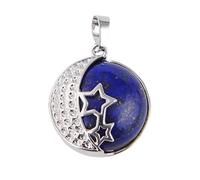 Round Natural Stone Purple Rose Crystal Pendant Necklace Women Female Jewelry Hollow Moon Star Metal Necklaces,Lapis Lazuli