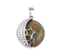 Round Natural Stone Purple Rose Crystal Pendant Necklace Women Female Jewelry Hollow Moon Star Metal Necklaces,Unakite