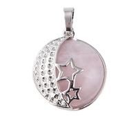 Round Natural Stone Purple Rose Crystal Pendant Necklace Women Female Jewelry Hollow Moon Star Metal Necklaces,Rose Quartz