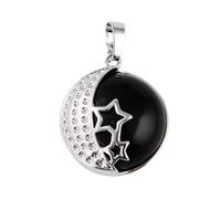 Round Natural Stone Purple Rose Crystal Pendant Necklace Women Female Jewelry Hollow Moon Star Metal Necklaces,Black Onyx
