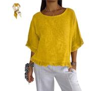 Round Neck Ruffled Hem Mid Sleeve Cotton and Linen Top,Women Casual Ruffle Solid Blouse Top,Short Sleeve Tops for Women