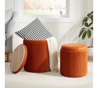 Juego de 2 otomanas redondas con almacenamiento, taburete de tocador con almacenamiento para dormitorio, mesa de café otomana, taburete pequeño de terciopelo para sala de estar, color naranja
