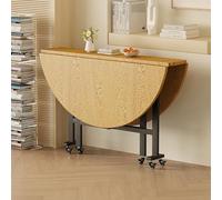 Round Wooden Dining Table with Drop Leaf Design 100cm Versatile Collapsible Kitchen Desk on 6 Wheels Perfect for Dining Room Office or Small Spaces