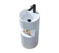 Rounded Basin Sink, Quartz Stone Floorstanding Column with Storage, Sink Combo Faucet Drain Kit and Angle Valve (Color : Milk Coffee-A) (White b)