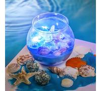 RoundFunny Juego de 12 centros de mesa de fiesta temática de playa de 30 onzas, 4 pulgadas, cuencos redondos de plástico resistentes para peces, playa, conchas de mar naturales con luces azules para