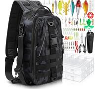 RoundFunny Kit de aparejos de pesca, mochila de pesca, bolsa de aparejos de pesca, bolsas de aparejos de pesca con soporte para caña, kit de señuelos de pesca, juego de alicates de pesca, cajas de
