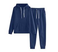 Rouped Conjunto Chandal Mujer de Otoño Invierno Algodón con Capucha + Ocio Larga Pantalones Conjuntos Deportivos Sudaderas con Bolsillos Hogar Manga Larga Color Sólido Azul Marino,M