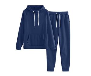 Rouped Conjunto Chandal Mujer de Otoño Invierno Algodón con Capucha + Ocio Larga Pantalones Conjuntos Deportivos Sudaderas con Bolsillos Hogar Manga Larga Color Sólido Azul Marino,L