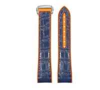 ROUREOX Correa de Reloj de Cuero Auténtico Hebilla de Acero Inoxidable Ajustable Correa de Reloj de Repuesto Fermo para Omega Seamaster Series-Azul Naranja + Plata 20mm