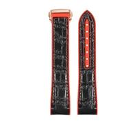 ROUREOX Correa de Reloj de Cuero Auténtico Hebilla de Acero Inoxidable Ajustable Correa de Reloj de Repuesto Fermo para Omega Seamaster Series-Negro Rojo + Oro Rosa 20mm