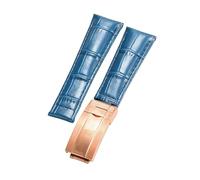 ROUREOX Suave Cuero Auténtico Cinta de Reloj de Repuesto Cuero Liso Hebilla Plegable Pulsera de Reloj Fermo Plegable para Rolex Cosmograph Daytona-Azul + Oro Rosa