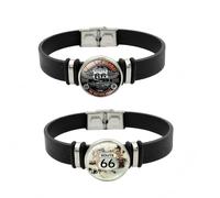 Route 66 pulseras de cuero y cristal, paquete de 2, pulseras retro de carretera, joyería vintage de recuerdo de viaje para hombres y mujeres