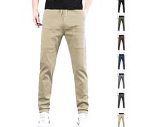ROUYA High Stretch Multi-Pocket Durable Cargo Pants For Men, Elasticated Cargo Pants with 6 Pockets, Regular Slim Fit Mens Work Casual Trousers, Work Home Belted Straight Leg Pants(Khaki,M)