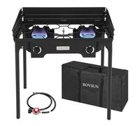 ROVSUN - Estufa de gas propano para exteriores de 2 quemadores con panel de viento, bolsa de transporte y regulador, cocina de soporte de 150.000 BTU para patio trasero, camping, elaboración de