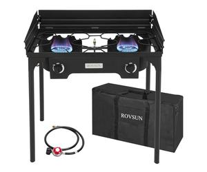 ROVSUN - Estufa de gas propano para exteriores de 2 quemadores con panel de viento, bolsa de transporte y regulador, cocina de soporte de 150.000 BTU para patio trasero, camping, elaboración de