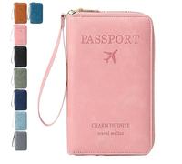 Rowgins Multi-Functional RFID Passport Wallet, Passport Holder for Travel Essentials, Card Organizer, Slim Leather Cover for Credit Cards, Tickets, and Cash (Pink)