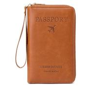 Rowgins Multi-Functional RFID Passport Wallet, Travel Wallet for Men & Women, Multi-functional Zipper Travel Card Holder, with Smooth Zipper and Organized Compartments for Secure Travel (Brown)