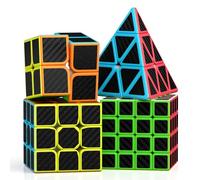 ROXENDA Speed Cube Set, Cubos de Velocidad de 2X2 3X3 4X4 Pirámide Cube - Fácil Giro & Juego Suave, 4 Pack (Fibra de Carbon)