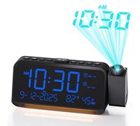Roxicosly Reloj despertador de radio con proyector de 350°, pantalla digital de techo con 5 reguladores, temperatura, humedad, cargadores USB y tipo C, luz nocturna, fin de semana