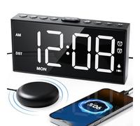 Roxicosly Reloj despertador fuerte para personas que duermen mucho con potente agitador, pantalla LED de 7.5 pulgadas y fuente audaz con 3 vibraciones, 5 volúmenes 5 reguladores, cargador USB, día de