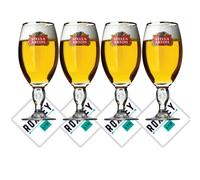 Roxley Stella Artois - Juego de 4 vasos nucleados de media pinta | Lager Beer 28 cl | Fabricado en el Reino Unido + 4 posavasos Stella Beer