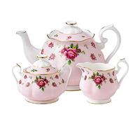 Royal Albert Modern Vintage NCRPNK25823 - Tetera, caja de azúcar, juego de 3 piezas NCR, porcelana de hueso, 42 onzas, rosa de campo, 41.7
