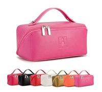 Royal Fair Travel Makeup Bags for Women, PU Leather Waterproof Portable Pouch Open Flat Toiletry Bag Make up Organizer with Divisor and Handle, rosa, Clásico