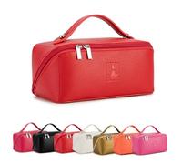 Royal Fair Travel Makeup Bags for Women, PU Leather Waterproof Portable Pouch Open Flat Toiletry Bag Make up Organizer with Divisor and Handle, rojo, Clásico