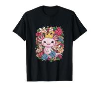Royal Kawaii Axolotl con Corona y Rosas Camiseta gráfica económica, Hombre, Negro, XL