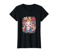 Royal Kawaii Axolotl con Corona y Rosas Camiseta gráfica económica, Mujer, Negro, XL