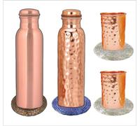 Royal Kurta Juego de cobre puro de 1 botella lisa y 1 martillada, 2 vasos martillados, ayurvédico y ecológico