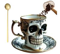 Royal Skull Coffee Mug, Gothic Porcelain Tea Cup With Gold Trim, Halloween Skull Cup with Saucer Set for Coffee Lovers and Collectors
