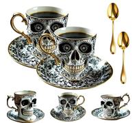 Royal Skull Coffee Mug, Skull Coffee Cup with Saucer Set, Gothic Skeleton Novelty Ceramic Tea Cup for Halloween Gifts and Collectors (Double)