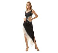 ROYAL SMEELA Vestido De Baile Latino Flecos para Mujer, Vestido Flecos Salsa,Vestidos De Tango Rumba Samba Latina Strass,Mangas Irregulares,Negro