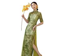 ROYAL SMEELA Vestido Qipao Largo Manga Corta Mujer Vestido Cheongsam Chino Verde Vestido Cheongsam Qipao Tradicional Chino para Mujer Disfraz China Cheongsam División Vestidos de Chinos Adulto
