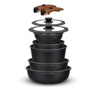 Royal Swiss - Batería de cocina (9 piezas, estufas y sartenes con asas extraíbles, revestimiento antiadherente, efecto granito, sin PFAS, tapas de cristal, todas las luces (Negro)