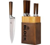 Royal Swiss Juego de 6 cuchillos con bloque de cuchillos y afilador de cuchillos - Cuchillos de cocina de acero inoxidable con mango de madera - Juego de cuchillos de cocina profesional marrón