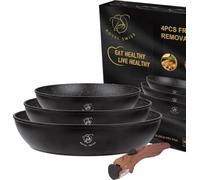 Royal Swiss® Set de ollas, 4 piezas, mango desmontable, revestimiento de mármol, inducción, sin PFAS, para todo tipo de fuentes de calor, negro (negro, 4)