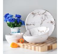 Royal Swiss Vajilla de melamina de 12 piezas para 4 personas, resistente a roturas, apta para lavavajillas y ligera, ideal para el hogar, jardín, camping y pícnic, diseño moderno en color blanco