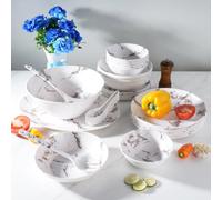 Royal Swiss - Vajilla (melamina, 34 piezas, para 4 personas, irrompible, apto para lavavajillas y ligero, ideal para el hogar, el jardín, el camping y los picnics, diseño blanco