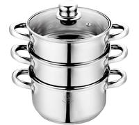 Royal Swiss Vaporera de acero inoxidable, 3 piezas, diámetro de 28 cm, cocina saludable y respetuosa con las vitaminas, para inducción, gas y eléctrica, tapa de cristal con salida de vapor, apta para