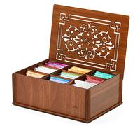 RoyalHouse Caja organizadora de té de madera de alta calidad (MDF duro) (marrón), caja decorativa multifuncional ecológica, 9 compartimentos para una variedad variada de bolsas de té y artículos